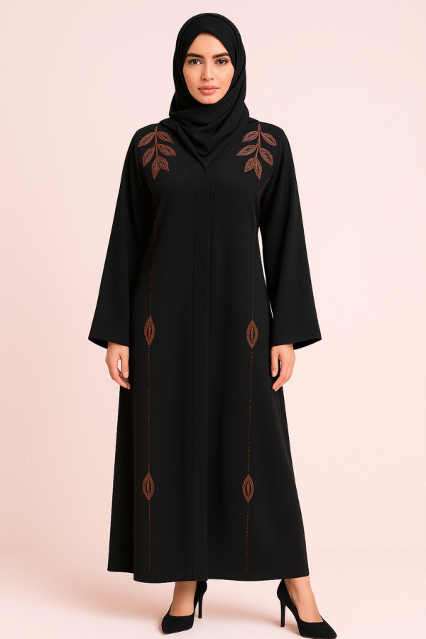 Black Abaya Both Shoulders Leaf Emb. Cutdana Handmade