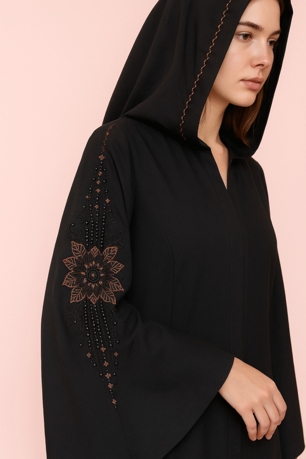 Vertical Flower Cutdana Handmade Black Abaya - Image 2