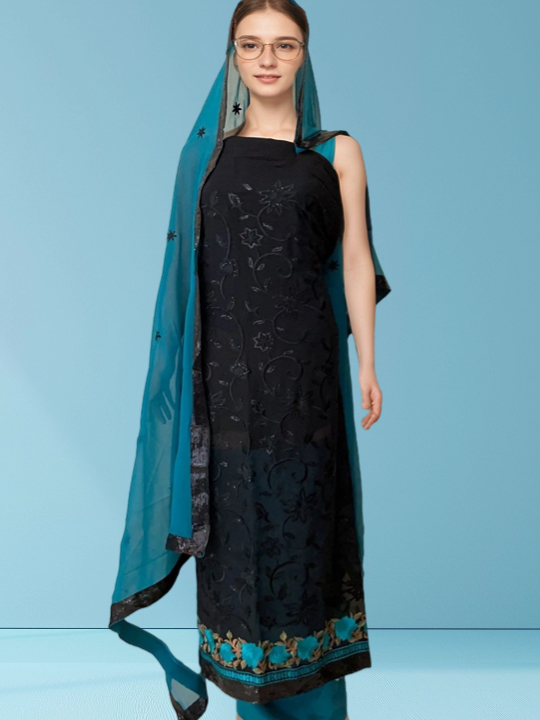 Black Color Blue Embroidered Border & Dupatta Ind005
